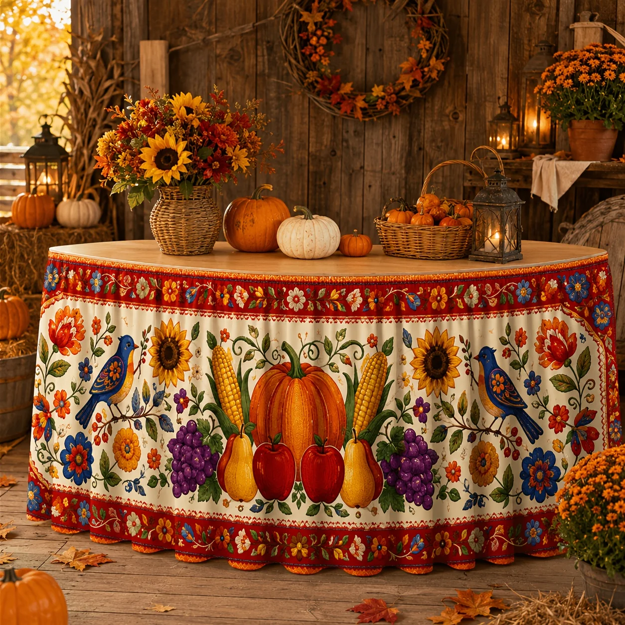 1 piece of tablecloth table skirt - polyester retro autumn harvest pumpkin fruit birdzyc