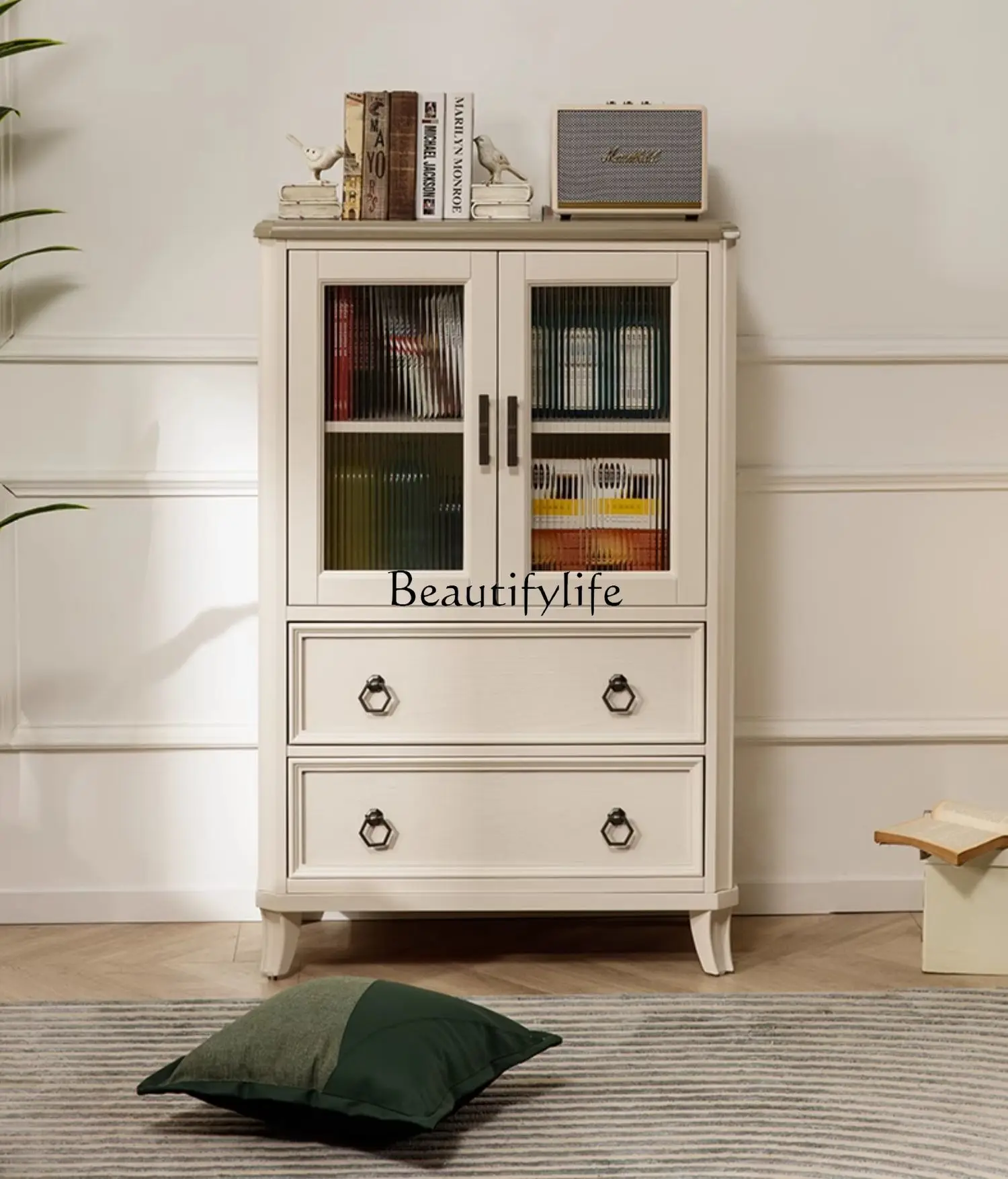 American solid wood simple side cabinet cream style living room storage wall glass door display cabinet