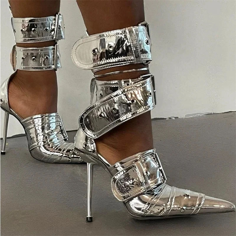 

Belt Buckle High -Heeled Sandals for Women Punk Buckle Rivet Sexy Ladies Large Size Metal Heel Summer Pointed Toe Women's Shoes