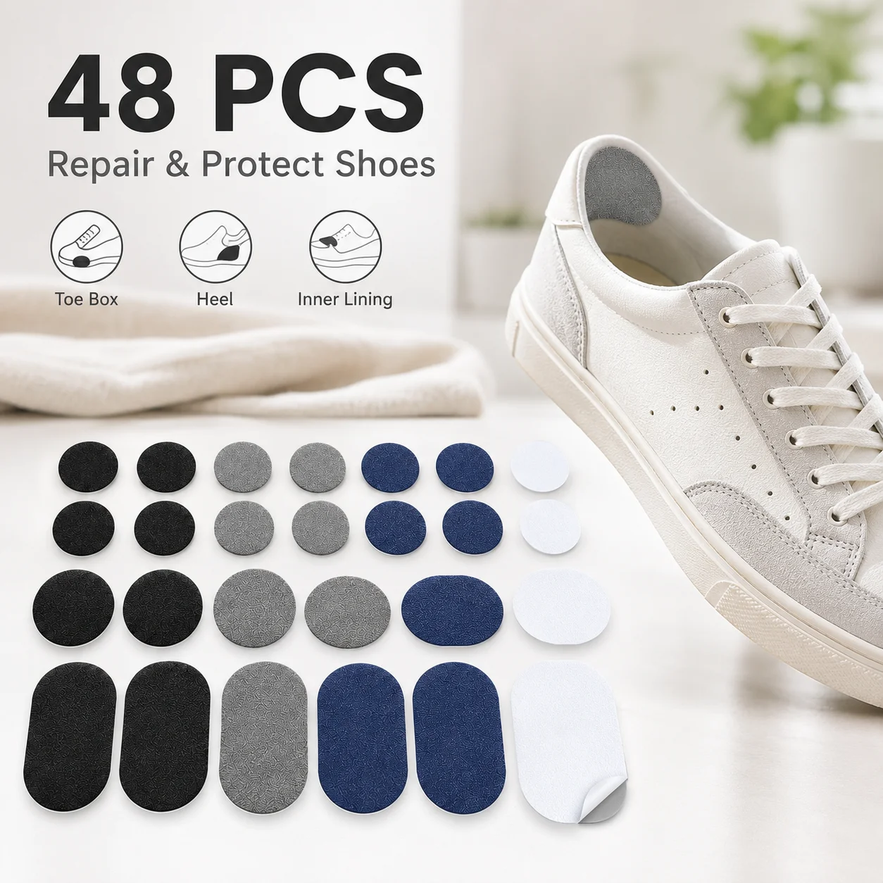 48pcs self-adhesive shoe repair patches set includes 3 sizes and 4 classic colors (black, gray, navy, white). Three-layer struct