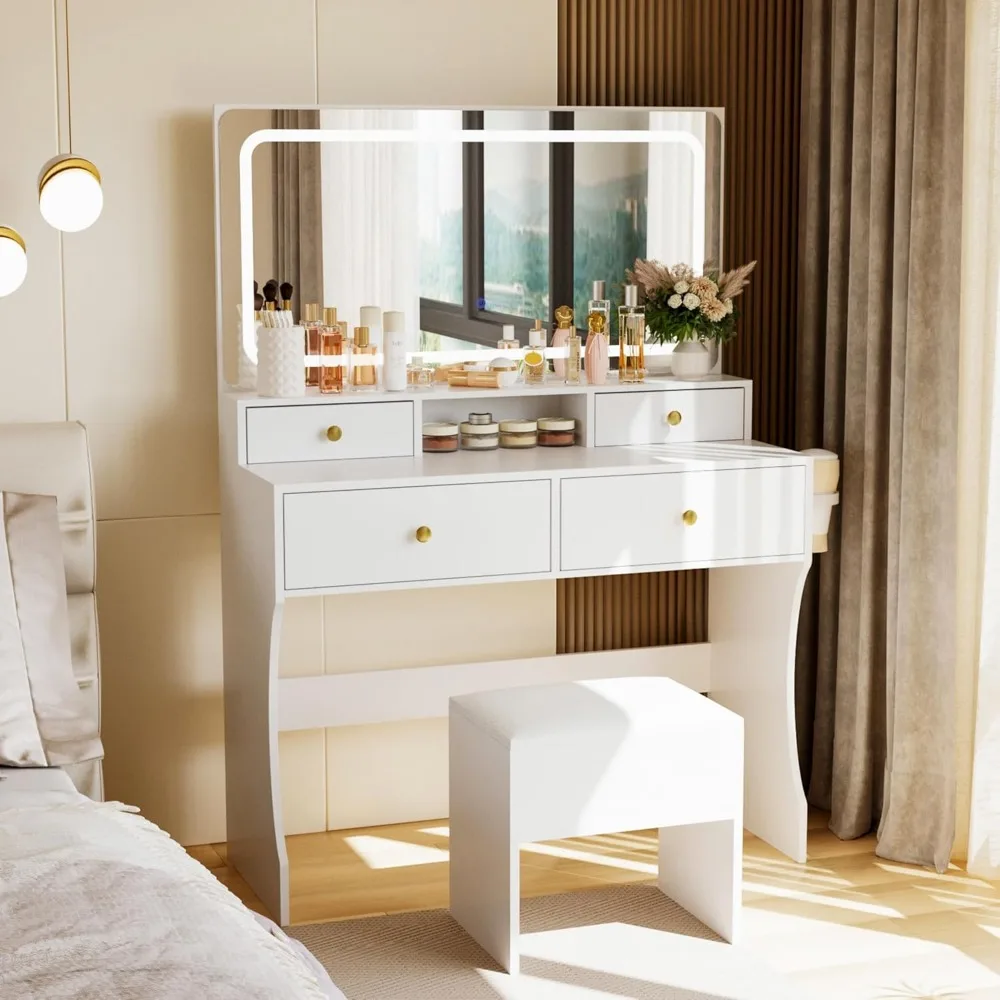 

Vanity Desk with Golden Handles & Lights: 4-Drawer Makeup Table with Charging Station & 3 Light Modes​