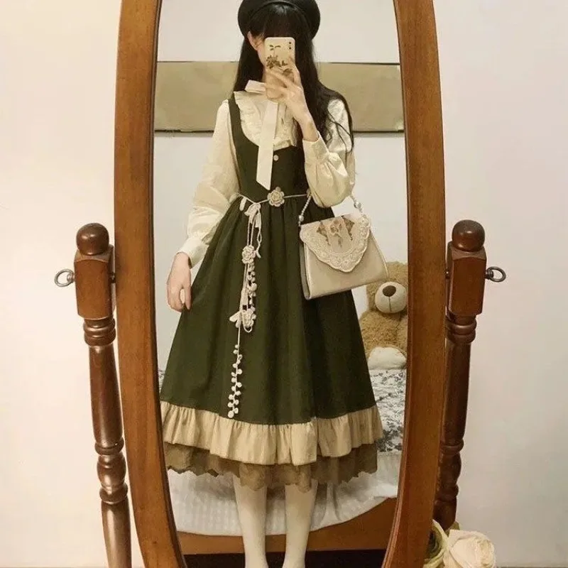 

2025 New Vintage Spring Floral Halter Dress Set Bow Tie Blouse Women's +Japanese Korean Splicing Lace Strap Dresses 2-Piece Sets