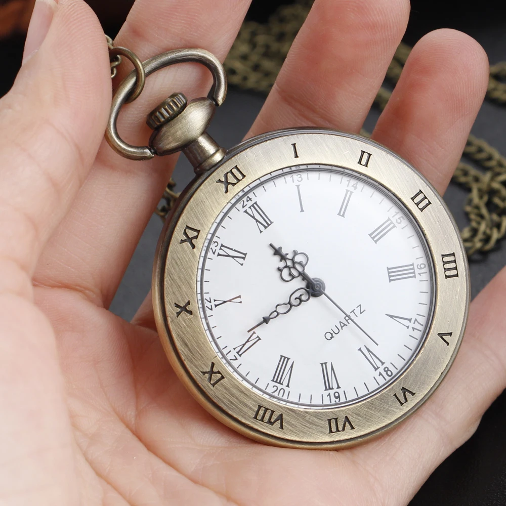 Bronze Simple Roman Digital Quartz Pocket Watch Exquisite Vintage Necklace Chain Watch Pendant Men's and Women's Holiday Gift