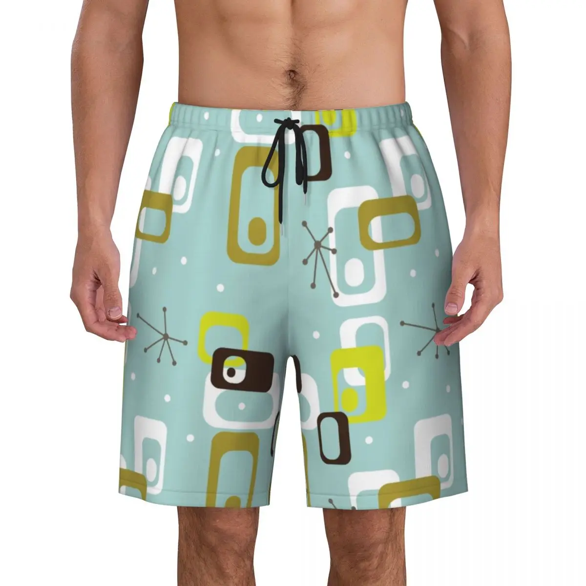 Minimalist Geometric Mid Century Atomic Board Shorts Men's Casual Beach Shorts Briefs Modern Abstract Quick Dry Swimming Trunks