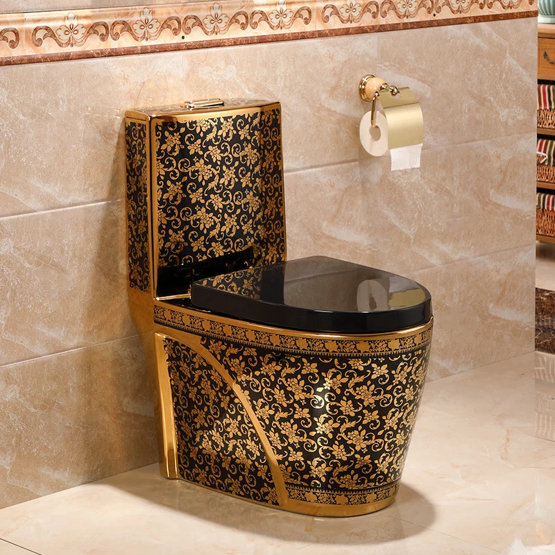 Luxury style royal design golden plated color rimless bathroom toilet bowl one piece ceramic black and gold toilet