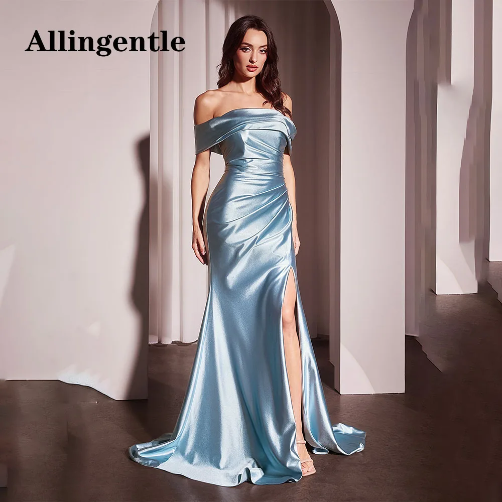 Allingentle Off Shoulder Prom Party Dresses For Wedding Mermaid Satin Bridesmaid Dress with Slit Ruched Evening Gowns Customized