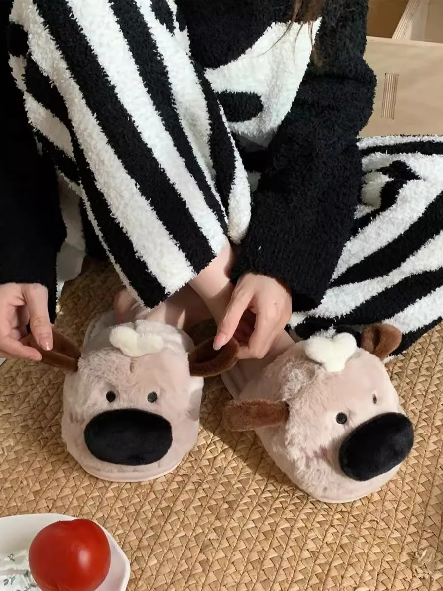 Funny Dog Couple Home Slippers Warm And Comfortable Soft Soled Fur Shoes Cute Big Nose Dog Cotton Slippers For Men
