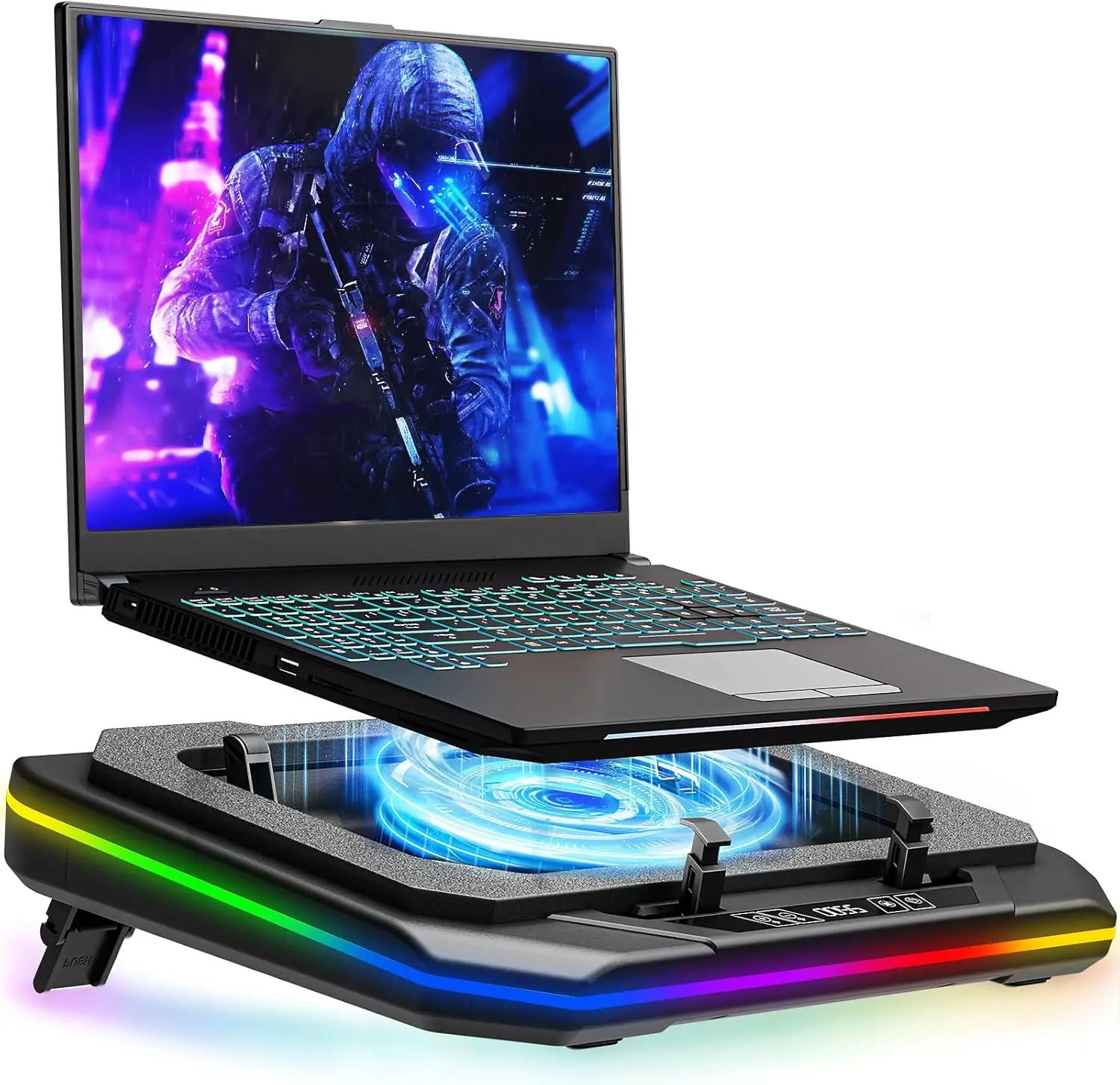 

Охлаждающая подставка для игрового ноутбука с RGB-подсветкой, регулируемой высотой и мощным турбовентилятором для ноутбуков 13-19 дюймов