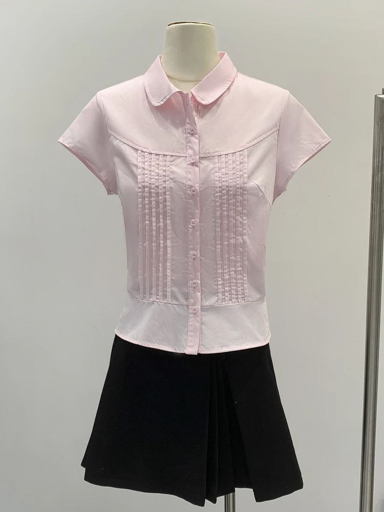 Slim Fit Gradient Sleeve  Shirt Women's Summer New Style Short Length College Style Fashion Pink Color Block Button Detail
