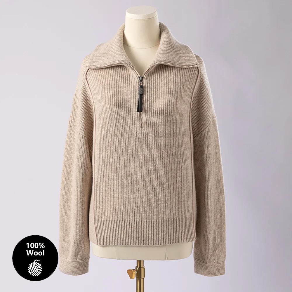 BC-307 In Stock Luxury Turn Collar Half Zipper 100% Wool Clothes Women Sweater Knit Sweater Woman Pullover Sweater