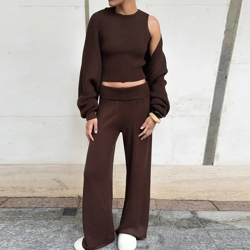 Damen Strick-3-Teiler-Set: O-Ausschnitt, ärmelloses Crop-Top, Langarm-Mantel, weit geschnittene Hose, Herbstmode, neue Strickwaren für Damen – Detail 18