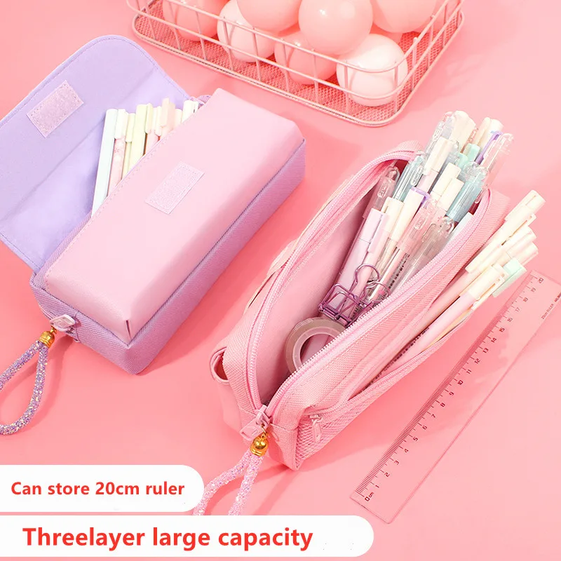 Quicksand cat pencil case cute pencil bag Three layers Big pen case girls kawaii Stationery bag cartoon animals pen bag student