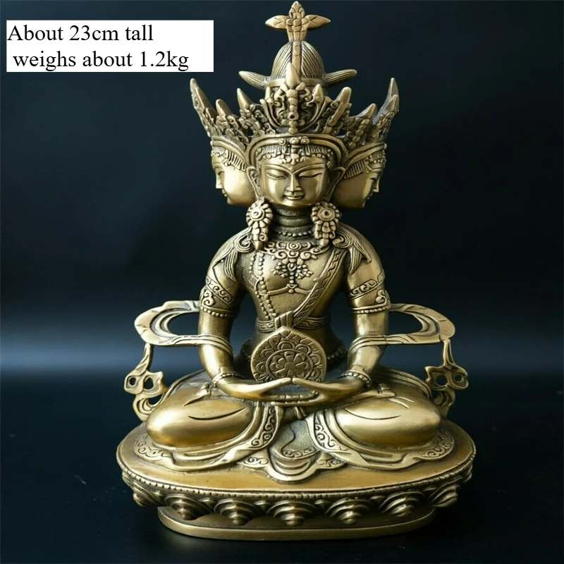Exquisite Brass Tibetan Tantric Four-Faced Longevity Buddha Statue Living Room Desktop Feng Shui Ornament Collectible Craft Gift