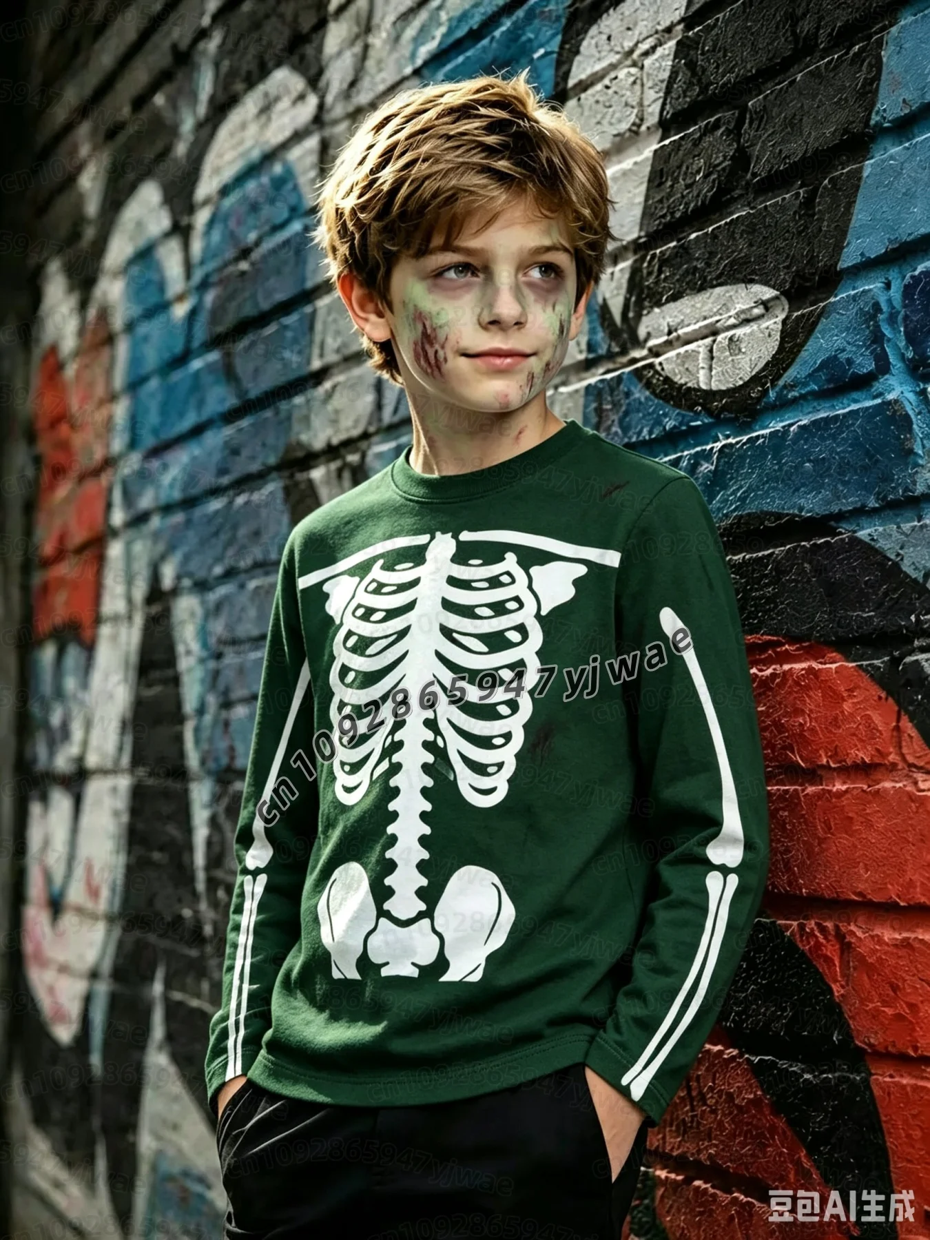 Halloween KIDS Herren Damen Gothic Skelett-Print Langarmshirt Rundhals-Oberteil Freizeit- & Themenbekleidung Halloween Kinder T-Shirt – Detail 4