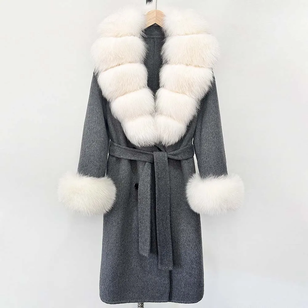 

2025 женское элегантное теплое новое осеннее шерстяное пальто с воротником из натурального лисьего меха, зимнее шерстяное пальто, женская двусторонняя кашемировая куртка