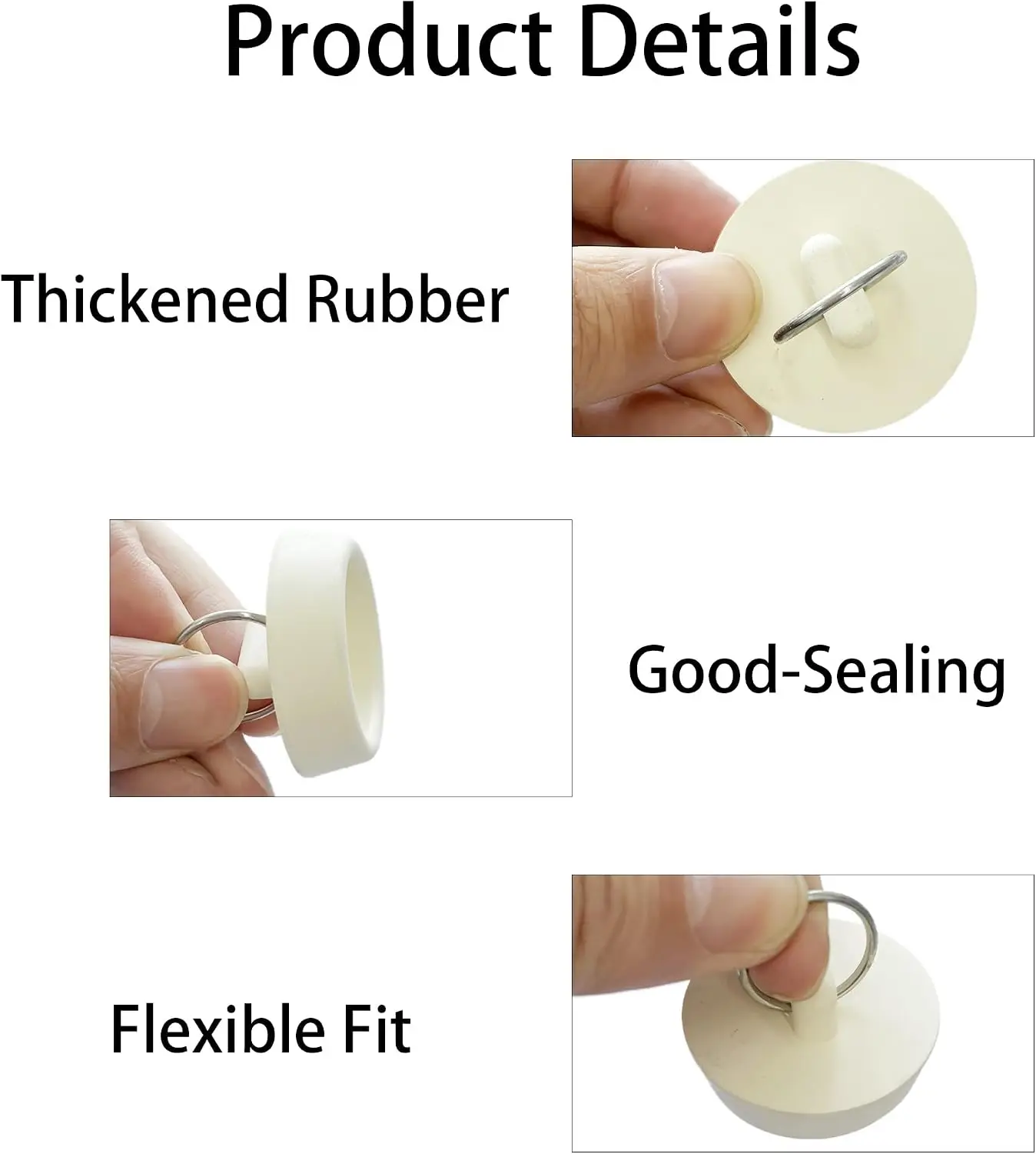Universal White Rubber Drain Stoppers for Bathtubs and Sinks, 4-Pack, Fit Drain Openings from 1 Inch to 1-1/8 Inches, Stainless Steel Hanging Rings Included, for Kitchen and Bathroom Use - view 5