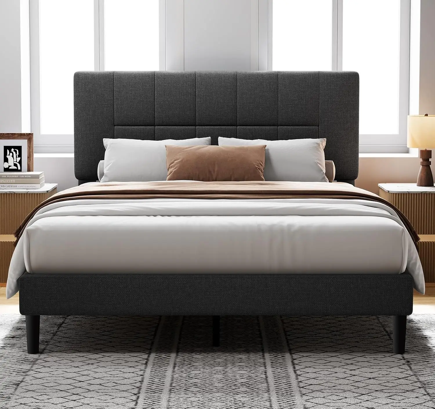 Queen Bed Frame with 12 Thickened Legs&Fabric Upholstered Headboard,1300 lbs Strong Weight Capacity, Adjustable Headboard, No