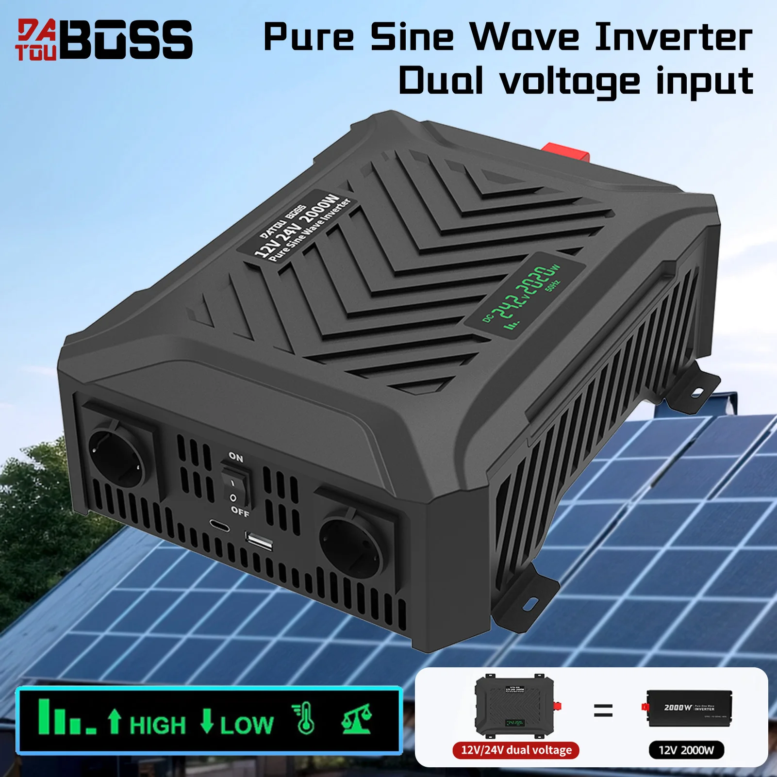 DATOUBOSS Pure Sine Wave Inverter 2000W Dual Voltage Input Intelligent Adjustment 12V 24V For Home Boat RV Remodel Car Inverter