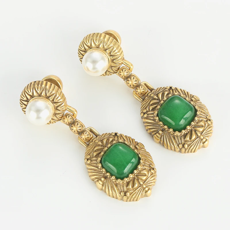Vintage Relief Emerald Square Drop Earrings Luxury Antique Art Deco Gold Color Jewelry For Women Brand High Quality Gift Wedding