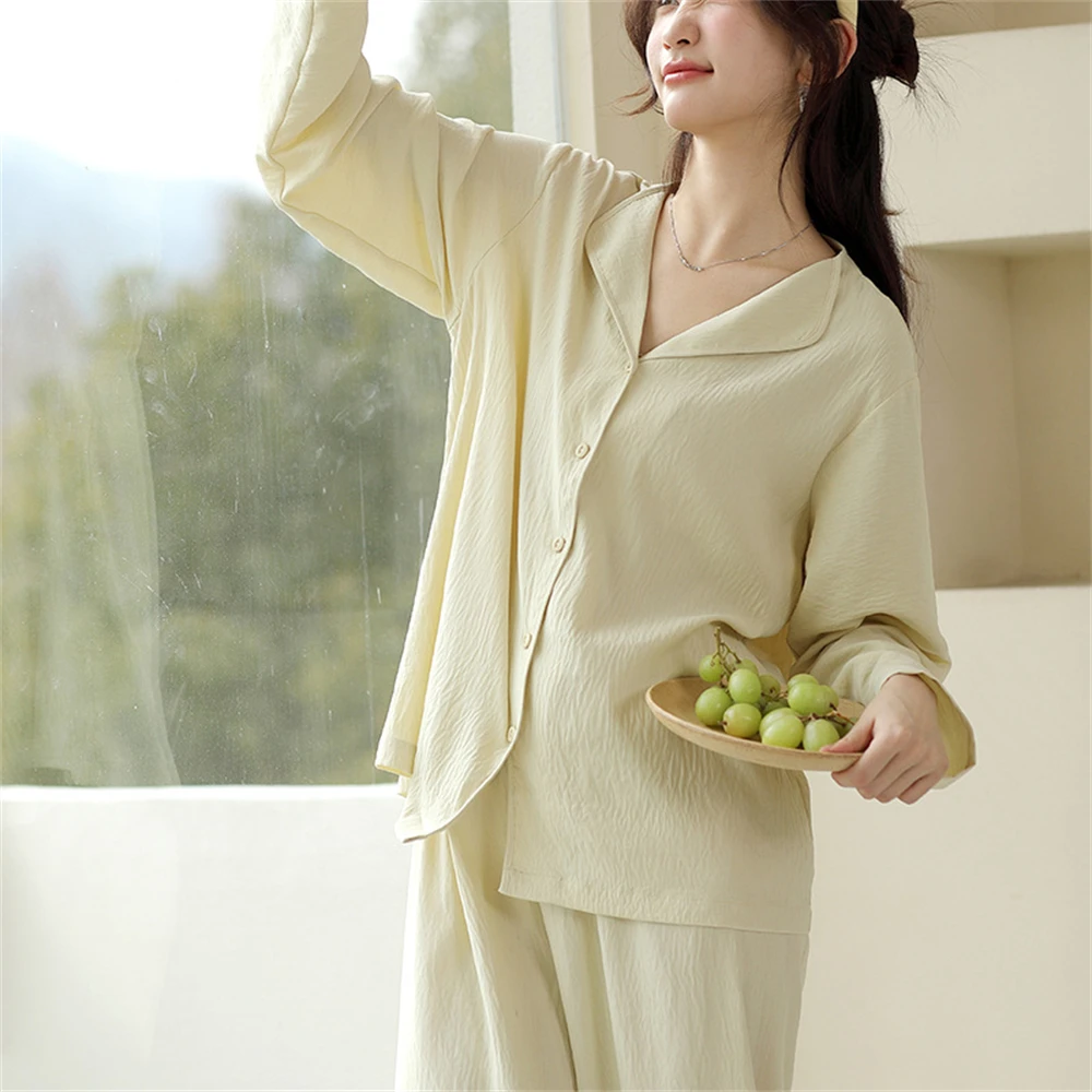 

Spring Summer Button Loungewear Women Loose Long Sleeve Cardigan Tops Pants Sleepwear Suit Casual Turn-down Collar Pajamas Set