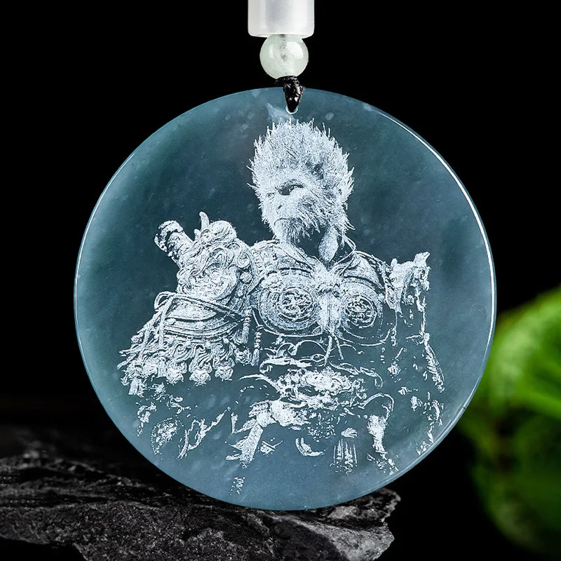 Natural A-grade Jade Blue Water Shadow Carving Black Myth Wukong Pendant Sun Wukong Ice Seed Jadeite Charms Souvenir Jewelry