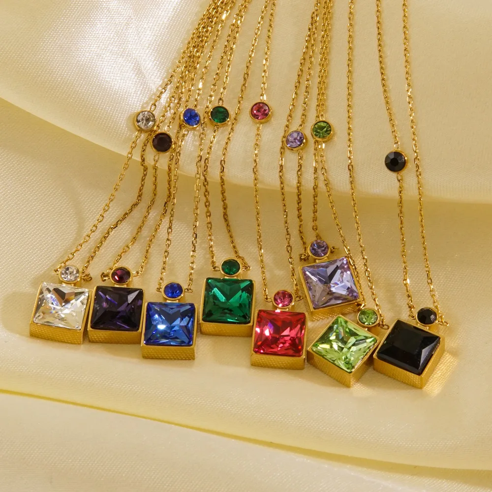 CARLIDANA Hot Sale Multi Colors Square Zircon Stone Necklace Jewelry Stainless Steel Zircon Crystal Necklaces For Women Jewelry