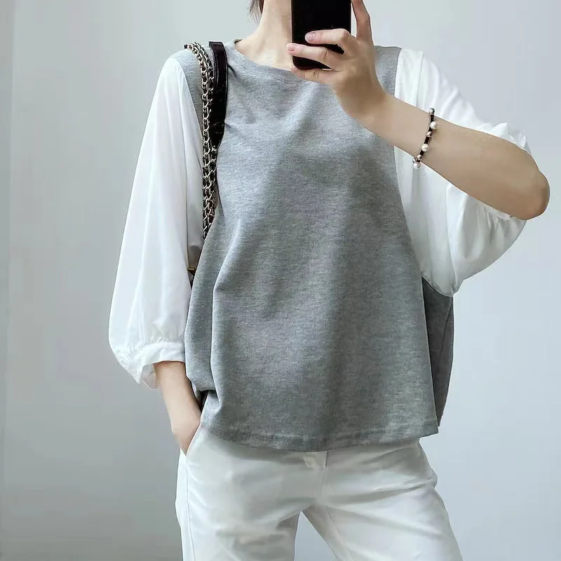 Japanese and Korean Shirts  Women in Summer Color-blocking Round Neck Top Loose Short-sleeved Cotton