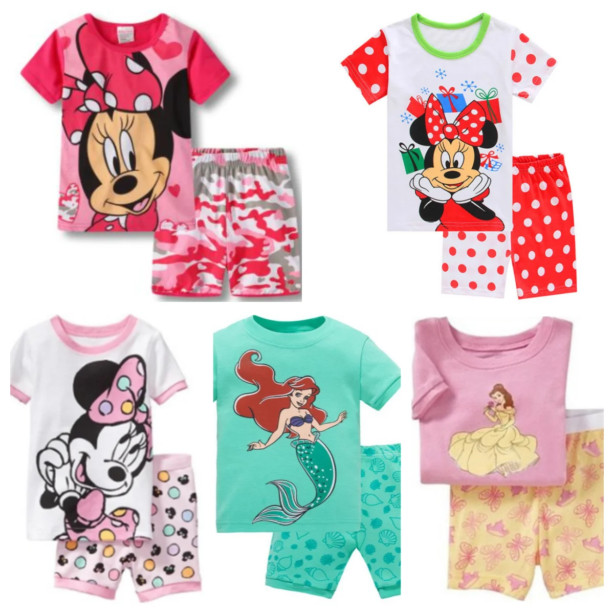 Hot Short sleeved Pajama and pajama suit Bell Minnie Mermaid Ariel kids Sleepwear Cotton Nightwear Clothes Pajamas Sets Gift