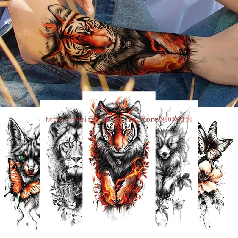 New Art Waterproof Temporary Tattoo Sticker Fire Forest Lion Wolf Tiger Flash Man Crown Body Arm Fake Tatoo