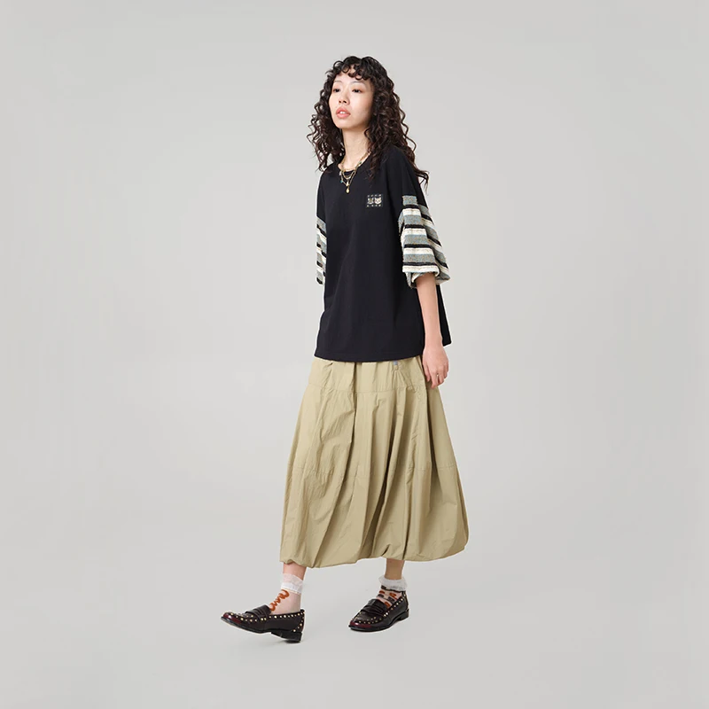 MOVEUP Round Neck Short Sleeved T-Shirt 2026 Summer New Fun Cat Woven Label Striped Drop Sleeves Loose Top For Women 3ELX10582
