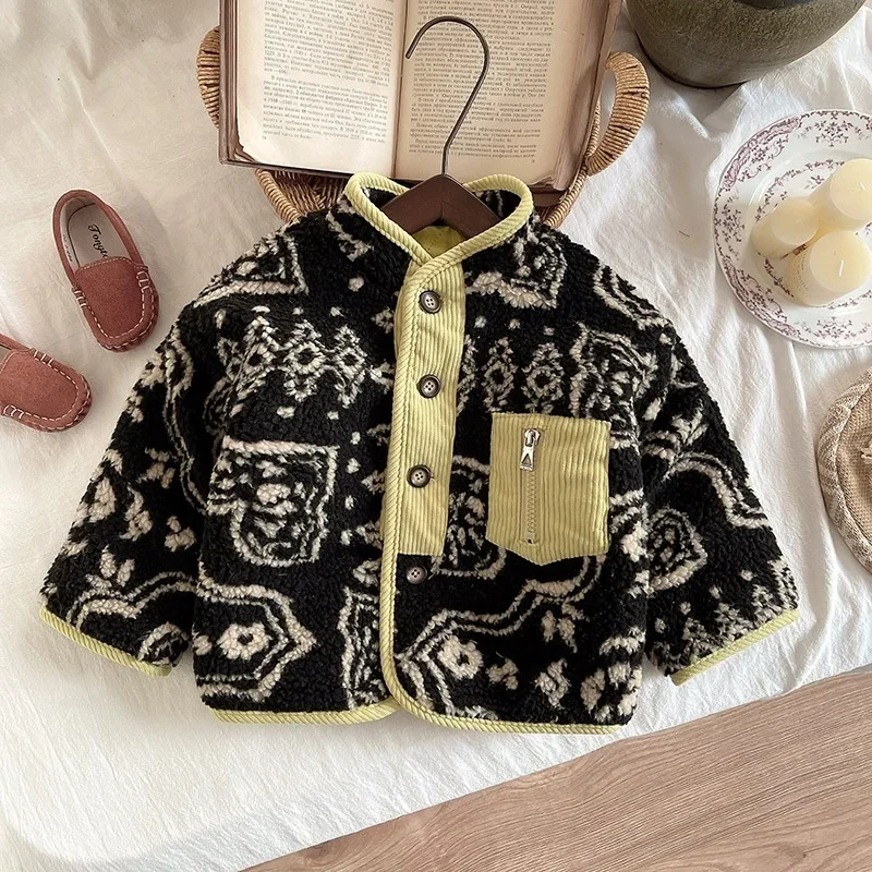 Boys Lamb Velvet Jacket Winter Thickened Children's Top Autumn and Winter Baby Plus Fluff Sweater Baby Handsome Winter Clothes