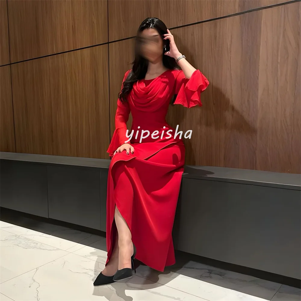 Tamanhos personalizados disponíveis simples jérsei plissado ruched a linha colher pescoço midi vestidos sob medida ocasião vestidos combinando clássico