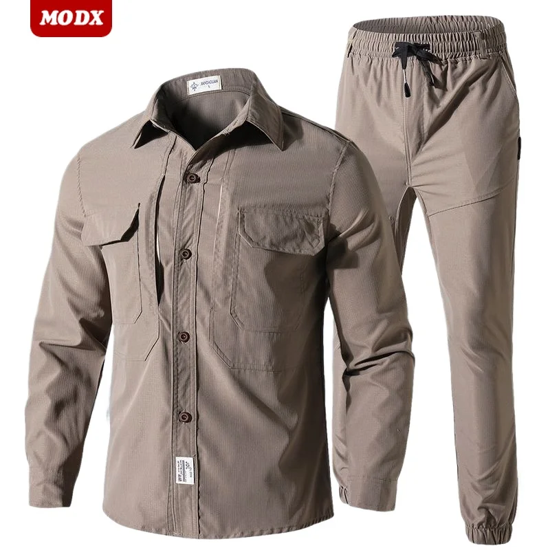 Men Summer Camo Elastic Quick Drying Set Lightweight Breathable Comfortable Multi Pocket Set Outdoor Wear Resistant Work Clothes