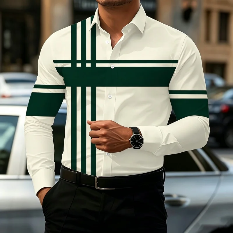 Men's Casual Patchwork Shirt with Contrasting Striped Street Style Top image 5