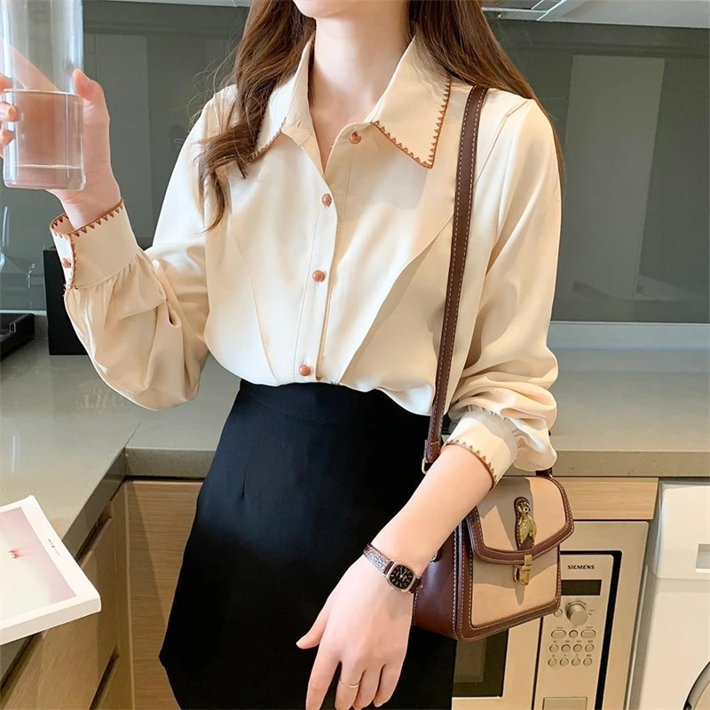 Women\'s Stylish Turn Down Collar Embroidered Design Shirt Office Lady Elegant Commute Blouse Solid Long Sleeve Loose Chic Tops