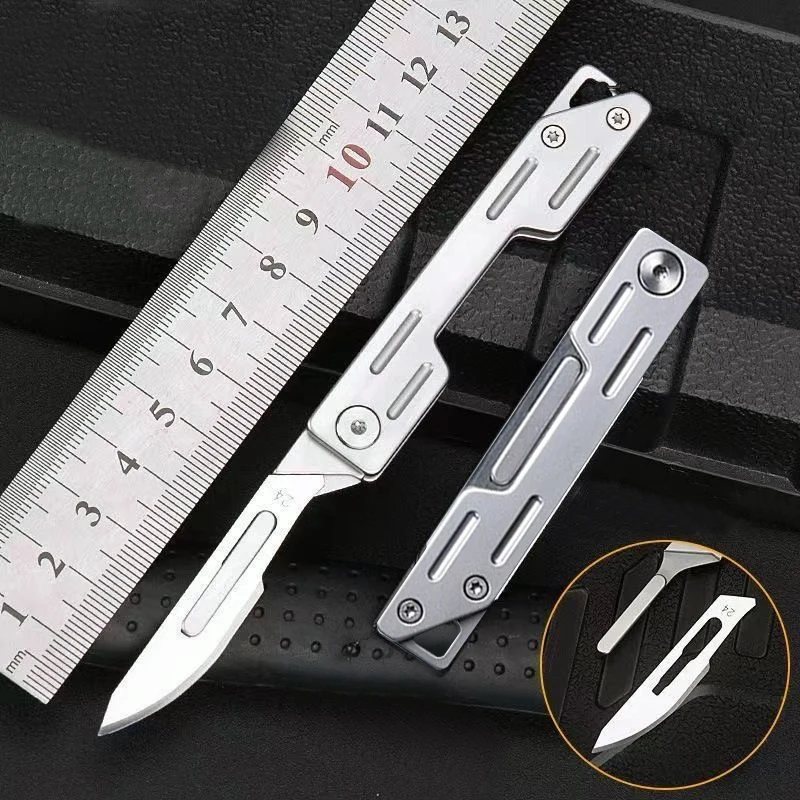 Portable Folding Knife Stainless Steel EDC Keychain Pocket Knife with 10pcs Replaceable Blades Unpacking Craft Cutting Knife Kit