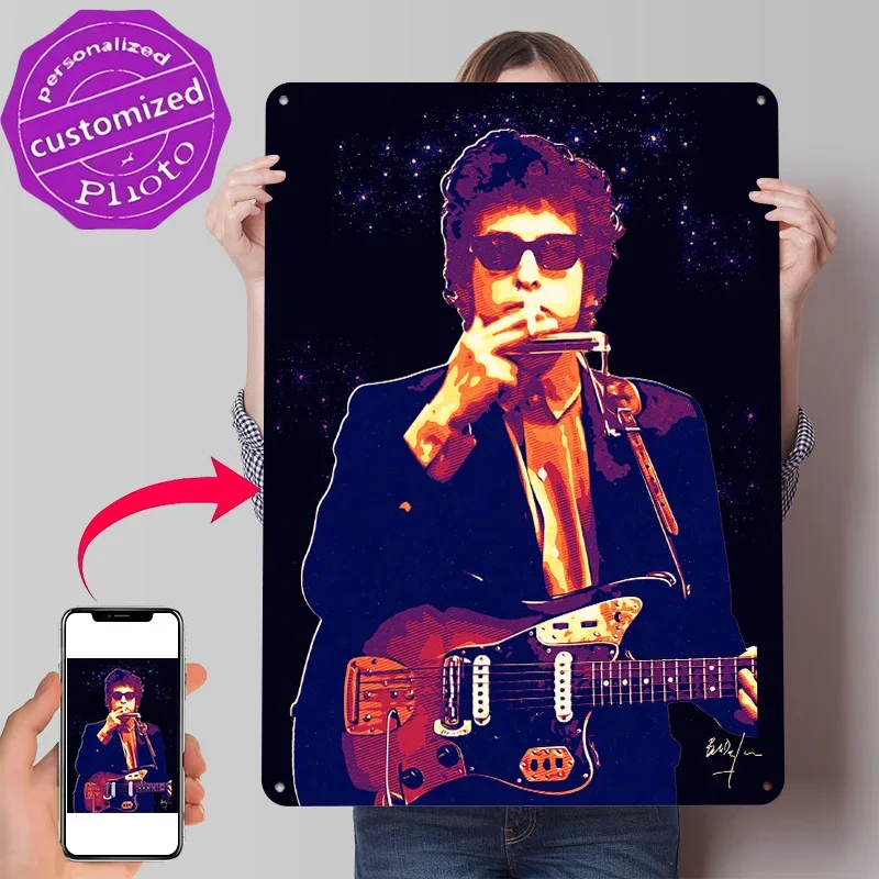 Bob Dylan Guitar Portrait 3D Texture Printed Poster Custom Vintage Metal Tin Plate Sign for Wall Art Decoration Bedroom House