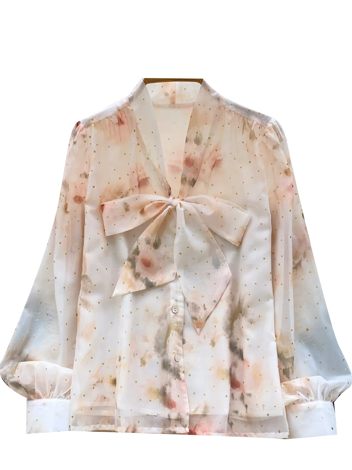 Ele V-Ne Long Sve Printed Chiffon Top with Bow Tie French Sle Loose Fit Breathable Comfortable Women's irt