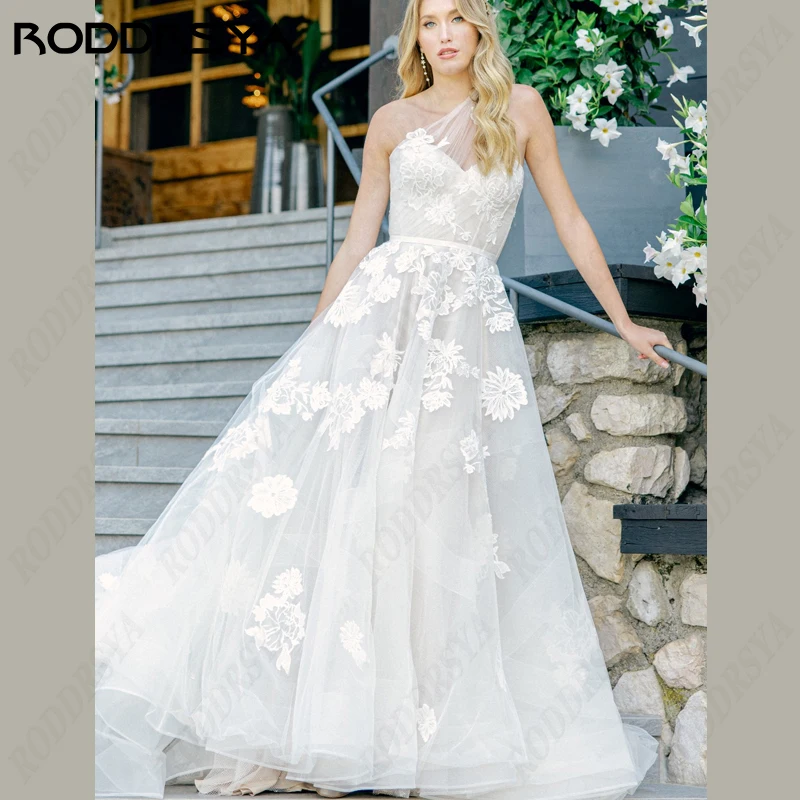 RODDRSYA-Vestido De novia bohemio sin tirantes con un hombro al descubierto, traje De tul con encaje, espalda descubierta-Vestido De novia bohemio sin tirantes con un hombro al descubierto, traje De tul con encaje, esp