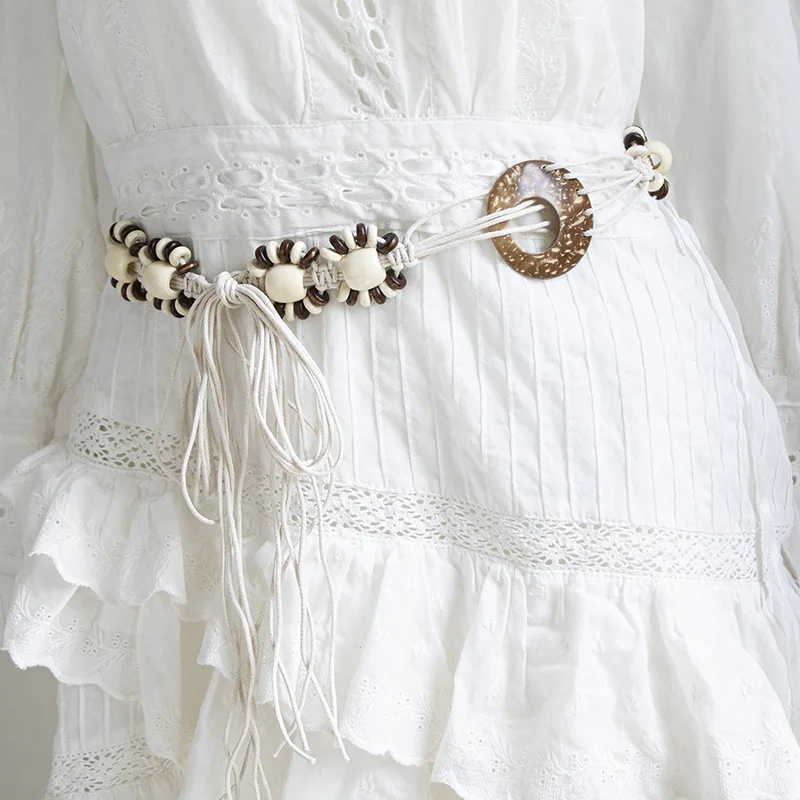 Bohemian-Style Belt Hand-Woven Coconut Shell Bead Women's Waist Cord Ethnic-Style Natural Vacation-Style Waxed Rope Waist Cord