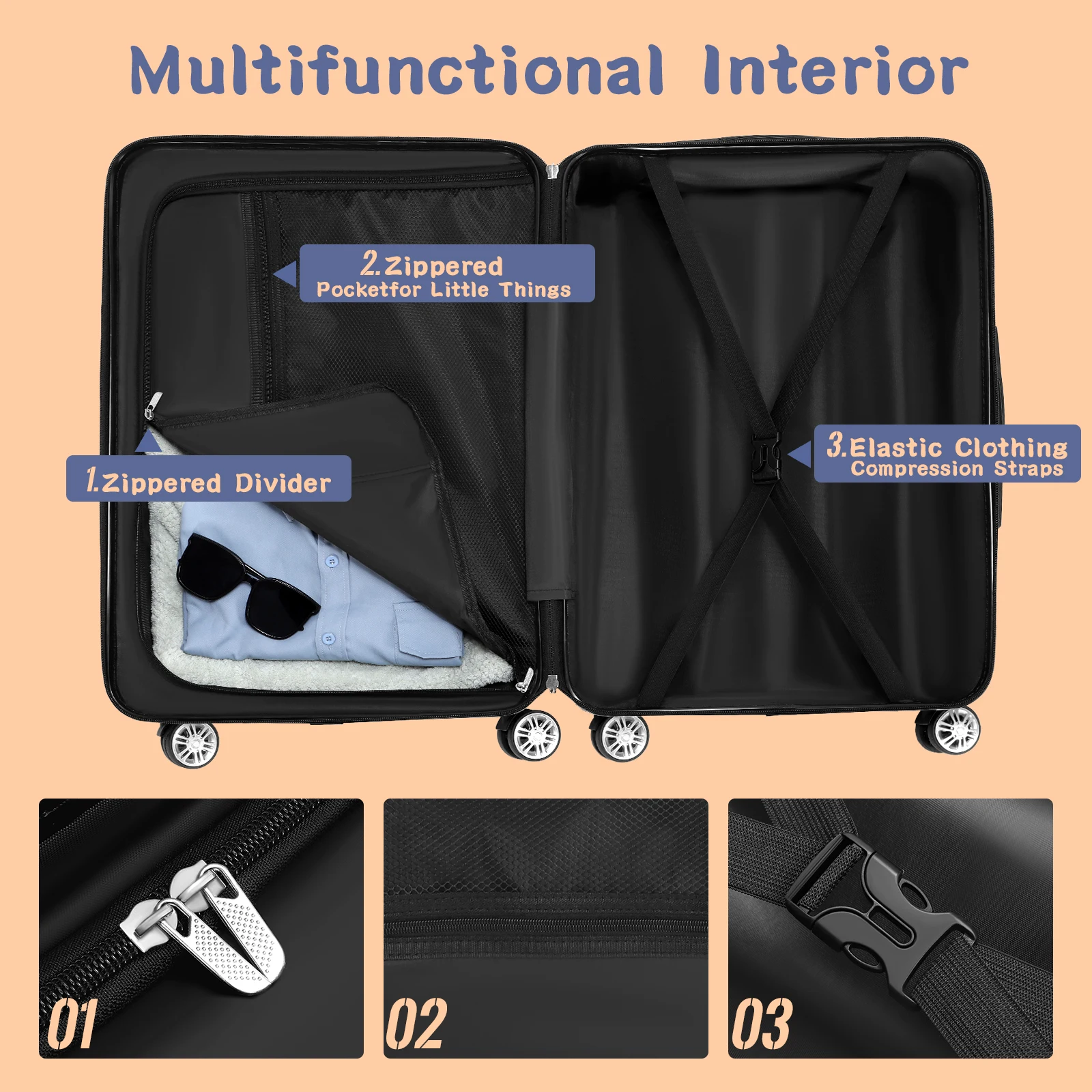 Ensemble de forme concave de collision avec roues rotatives, verrouillage TSA pour bagages à grande capacité, embarquement dur, 3 pièces, 20 po, 24 po, 28 po