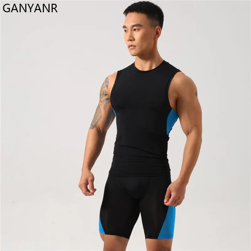 GANYANR-Conjunto de treino para homens, roupas esportivas, shorts de ioga, leggings, moletom, terno de ginástica, futebol, basquete, futebol, calças justas