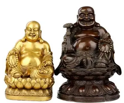 copper statue of Maitreya lotus smiling Buddha holding Ruyi smiling Buddha belly ornaments crafts