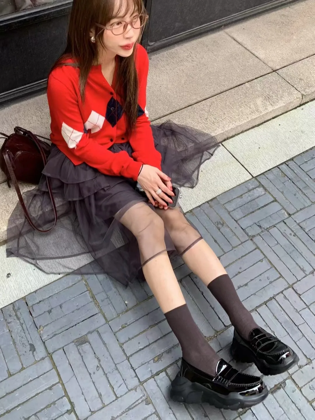 Maglione lavorato a maglia casual coreano Sle inizio autunno Cappotto cardigan aperto con motivo a rombi a contrasto di colore da donna