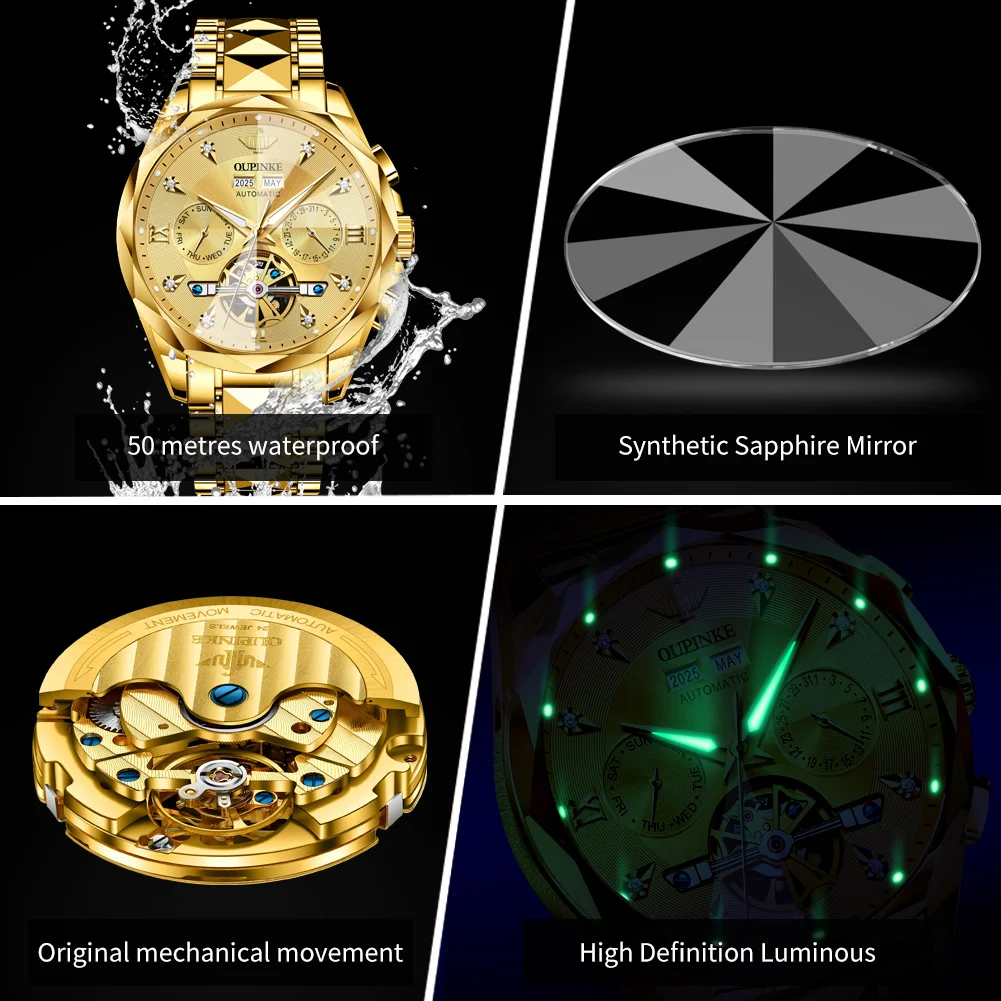 OUPINKE 3316 Hollow Flywheel Men Watch Diamond Waterproof Watch All Gold Luxury Multi functional Men Automatic Mechanical Watch