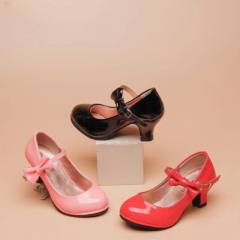 Spring Autumn Solid Color Leather Shoes for Girls Middle Older Children Red Students Perform Dance Round Head Princess Shoes