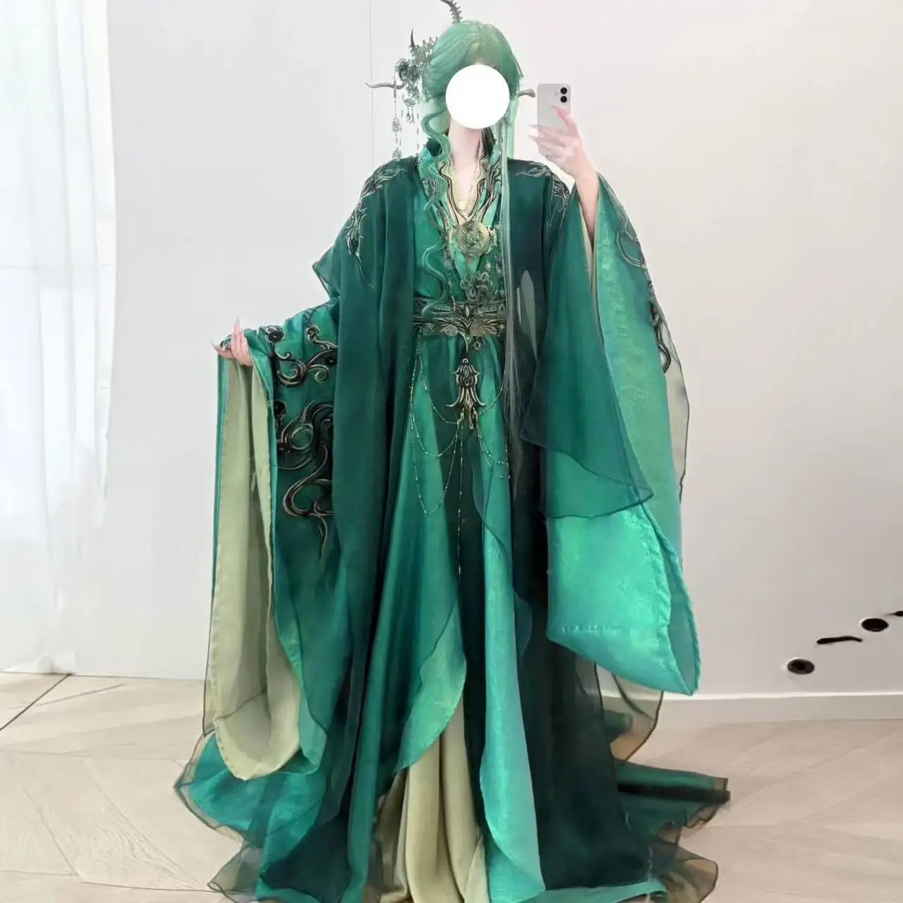Halloween Series Hanfu Men Women Traditional Chinese Embroidered Clothing Green Heavy Industry Woven Robe Event Cosplay Costumes view 5