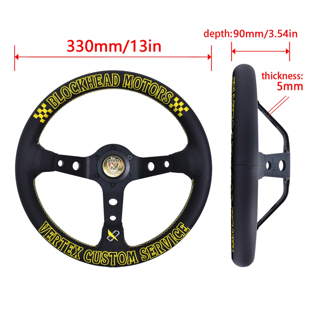 VERTEX STE-BHS 330mm Racing Steering Wheel Black Leather Gold Embroidery Universal Steering wheels for American Vintage Style