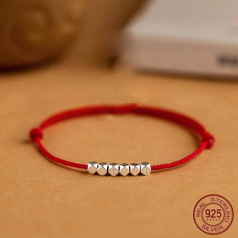 La Monada 22cm Simple 925 Silver Rope Bracelets Women Square Bead Red Thread Line String Bracelets For Women Girl Black