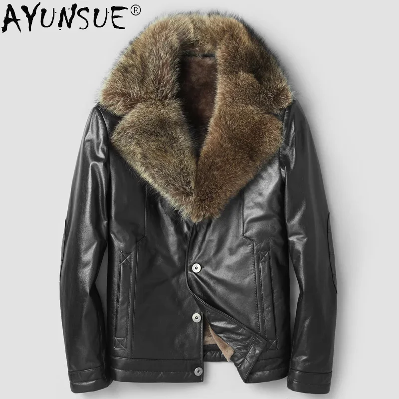 

AYUNSUE Winter Men's Cow Genuine Leather Jacket Real Mink Fur Fox Fur Raccoon Fur Collar Mens Jackets and Coats Ropa LXR337